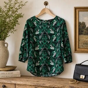 J.Crew Green Black‎ White Floral Print 3/4 Sleeve Blouse Size 2